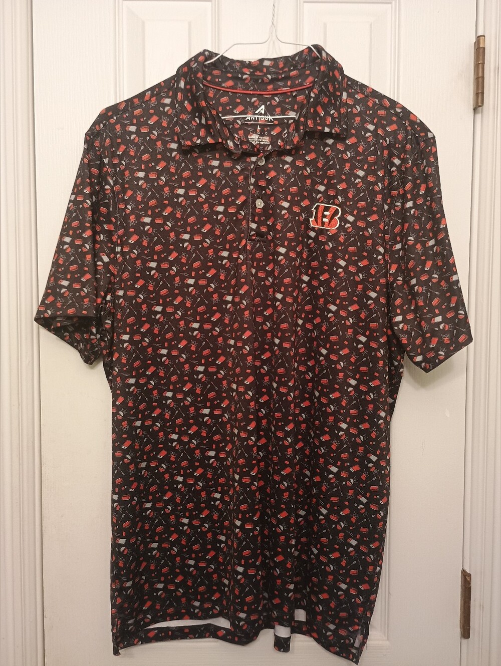 Antigua Men's Black & Orange Bengals Logo Tailgate Polo Shirt Size Large See